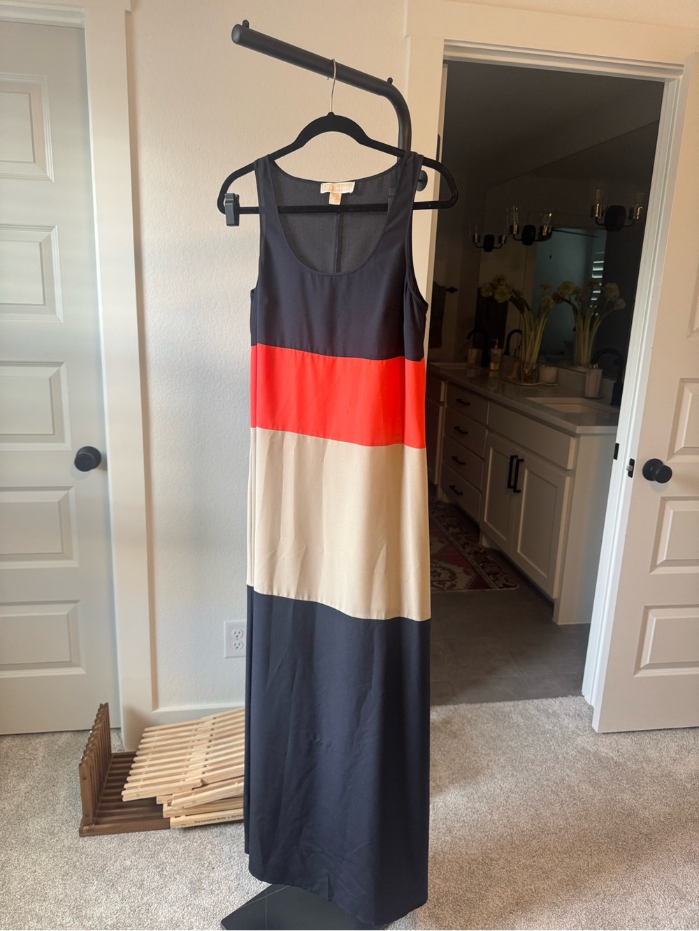 Michael Kors Sleeveless Colorblock Maxi Dress in Black, Red & Cream